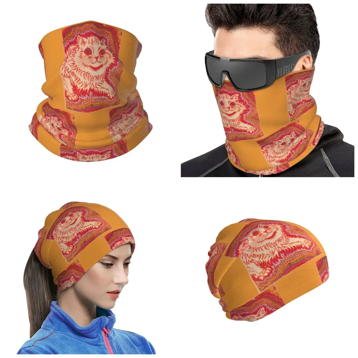 Louis Wain Orange Psychadelic Cat Bandana Neck Gaiter Printed Wrap Scarf Outdoor Sports Headband For Men Women Adult Breathable