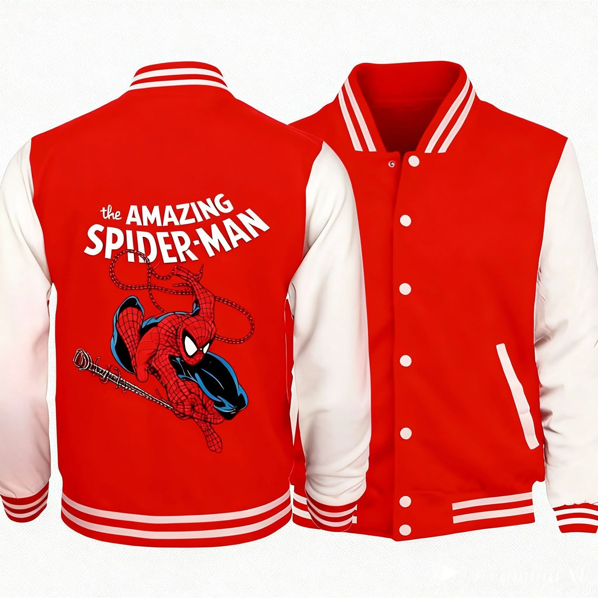 

Red White Baseball Jacket with Back Print of Amazing Spider Man Swinging Web Superhero in Iconic Red Blue Suit Action Pose