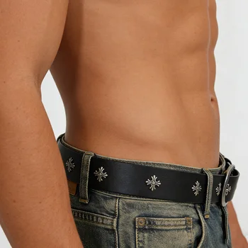 Studded Belt For Men and Women Y2K Belt Metal Punk Rock Style Rivet Plus Size Leather Belts with Cross Rivet for Jeans Pants 3