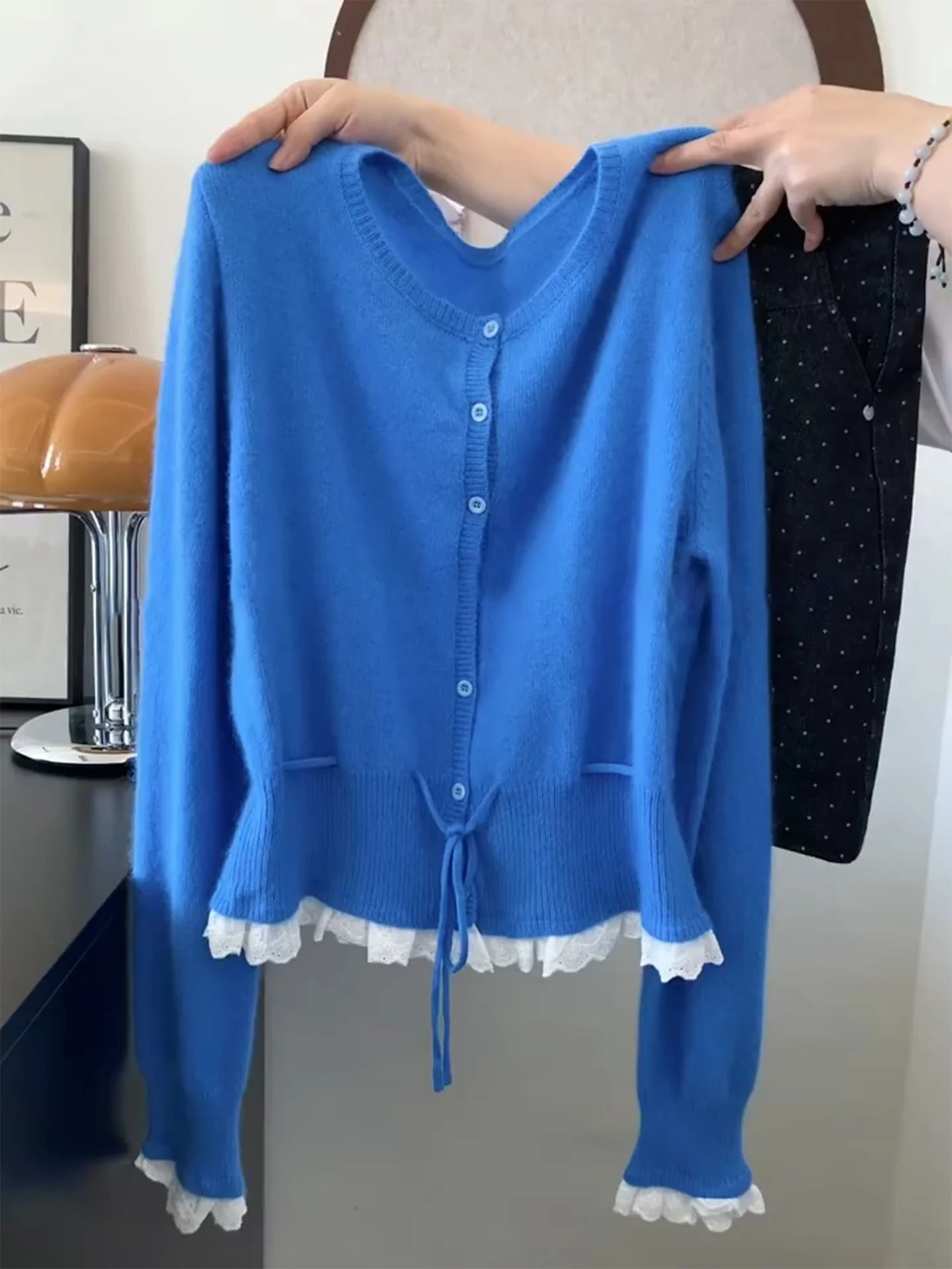 

Klein синий кружевной вязаный открытый кардиган женский осенне-зимний дизайн с поясом для похудения Ele Top