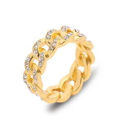 Gold Color Zircon Cuban Link Ring Hip Hop Style for Women And Men Fashion Hippie Jewelry Finger Accessory Wholesale