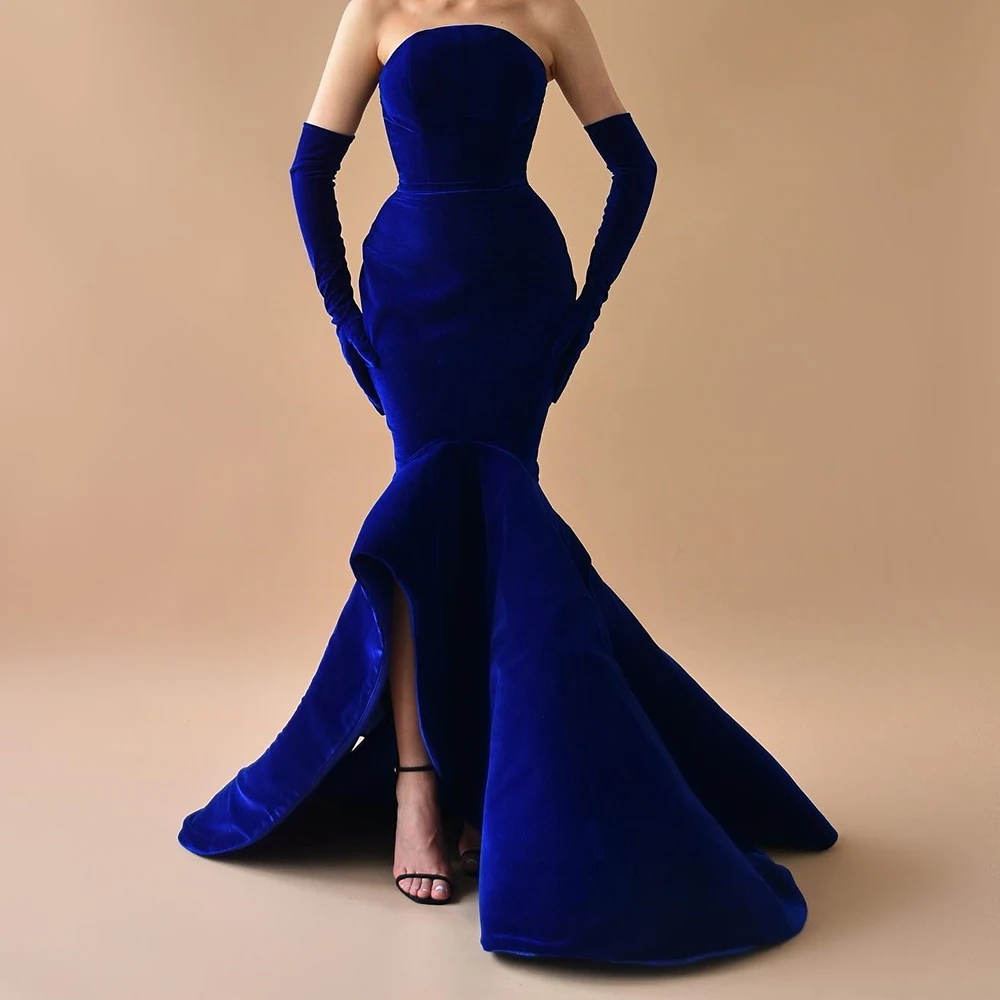 

Customized Mermaid Dark Blue Velour Evening Dresses Modern Strapless Detachable Sleeve Lace Up Back Sweep Train Vestido De Festa