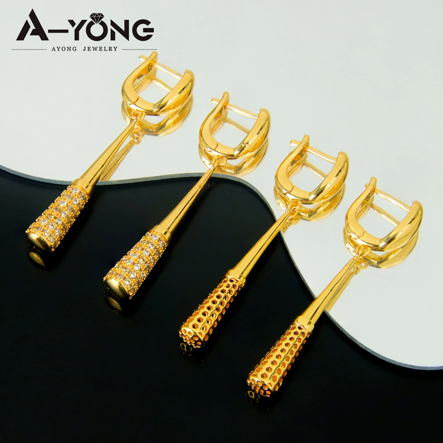 Dubai Fashion Drop Earrings 21k Gold Plated Italian Zirconia Baseball Bat Pendant Earring Saudi Arabia Women Prom Party Jewelry