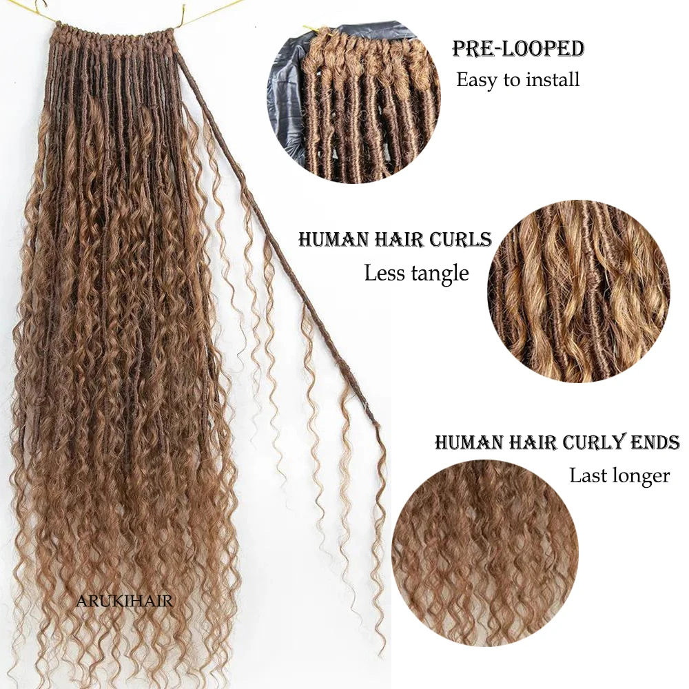 Crochet Boho Locs with Human Hair Curls #27 Honey Blonde Pre-looped Human Hair Light Auburn Crochet Boho Locs 26 Inch 96 Strands