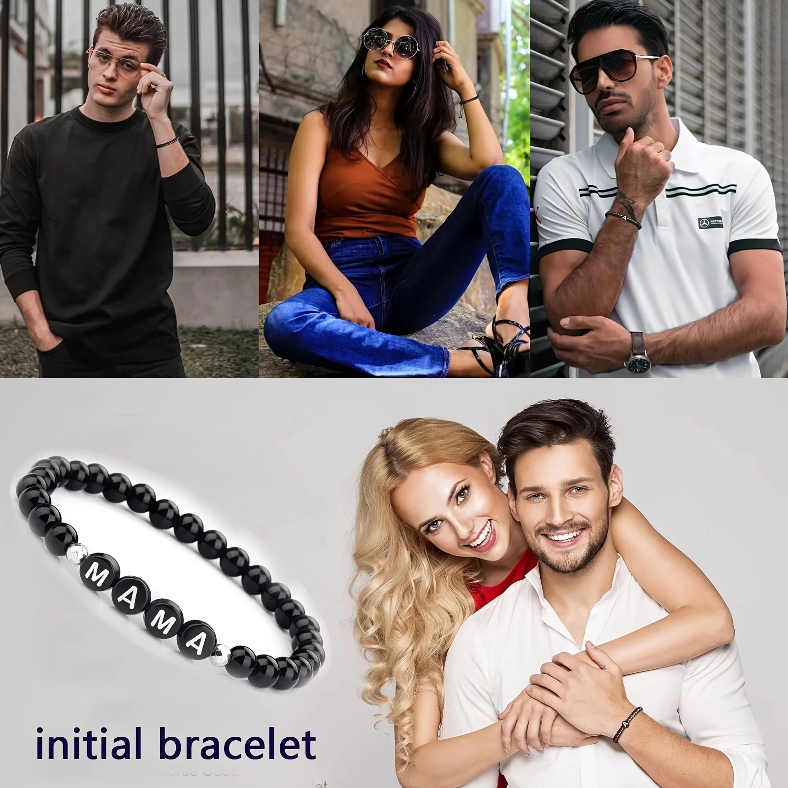 FTCY Couple\'s Black Obsidian Bracelets MAMA DAD Mother Father Chains in Hand Valentine\'s Present Blackstone Beads Jewelry Gift