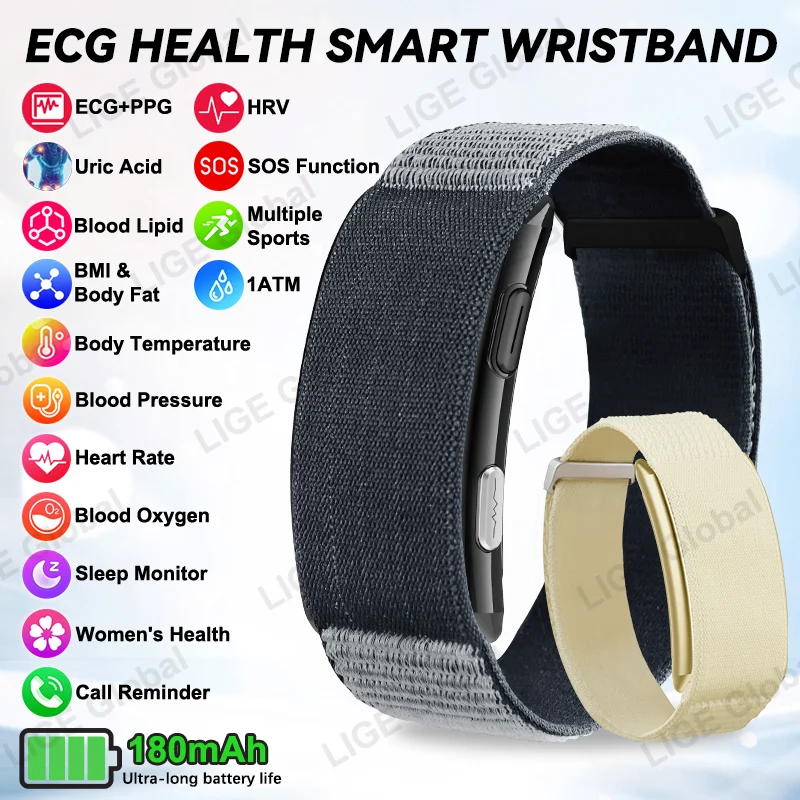 LIGE New Nursing Grade ECG+PPG Smart Bracelet Band Blood Lipid Uric Acid BMI Body Temperature Sports Fitness Health Smartwatch