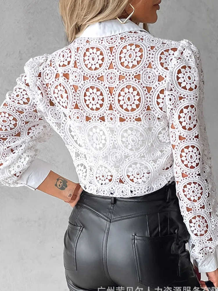 Lace Blouses For Women Elegant Office White Shirt Long Sleeve Button Turn-down Collar Sexy Hollow Tops Fashion Women\'s Clothing