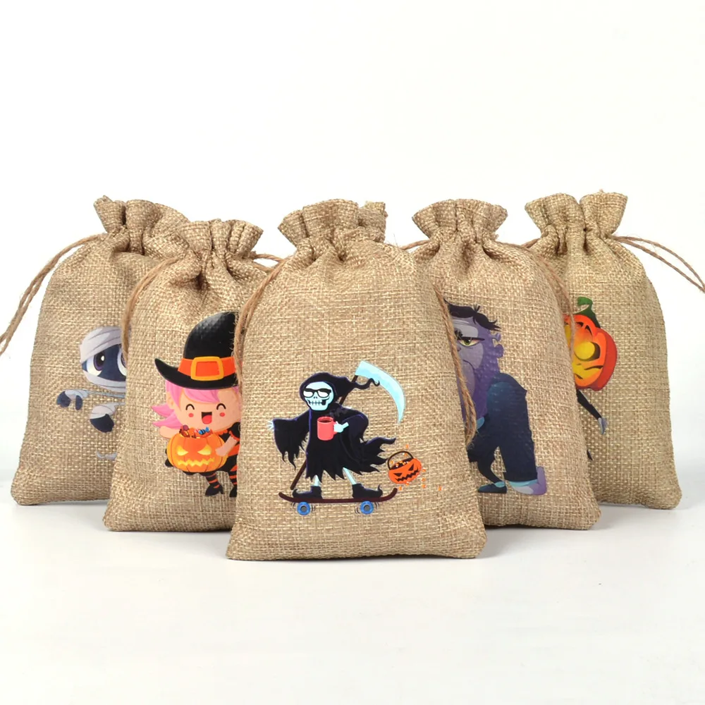 20pcs/Lot Drawstring Linen Bags Children's Pouches Candy Cookie Chocolate Packaging Night Reflective Luminous Halloween Bags