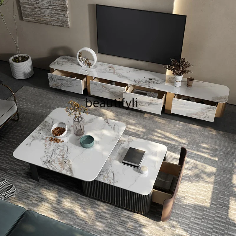 

Household Italian rock slab solid wood telescopic coffee table combination light luxury square living room design6239