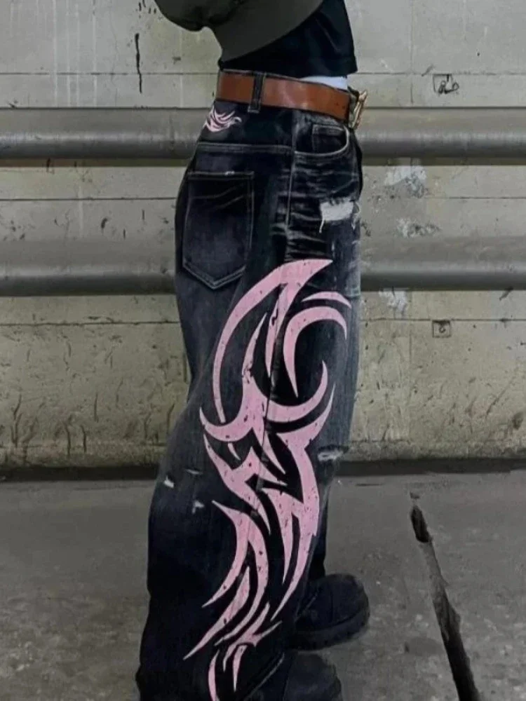 Y2k خمر القوطية الشرير الجينز النساء Harajuku طباعة الجرونج فضفاض سراويل جينز فاسق الهيب هوب الأسود الشارع الشهير واسعة الساق الجينز #5