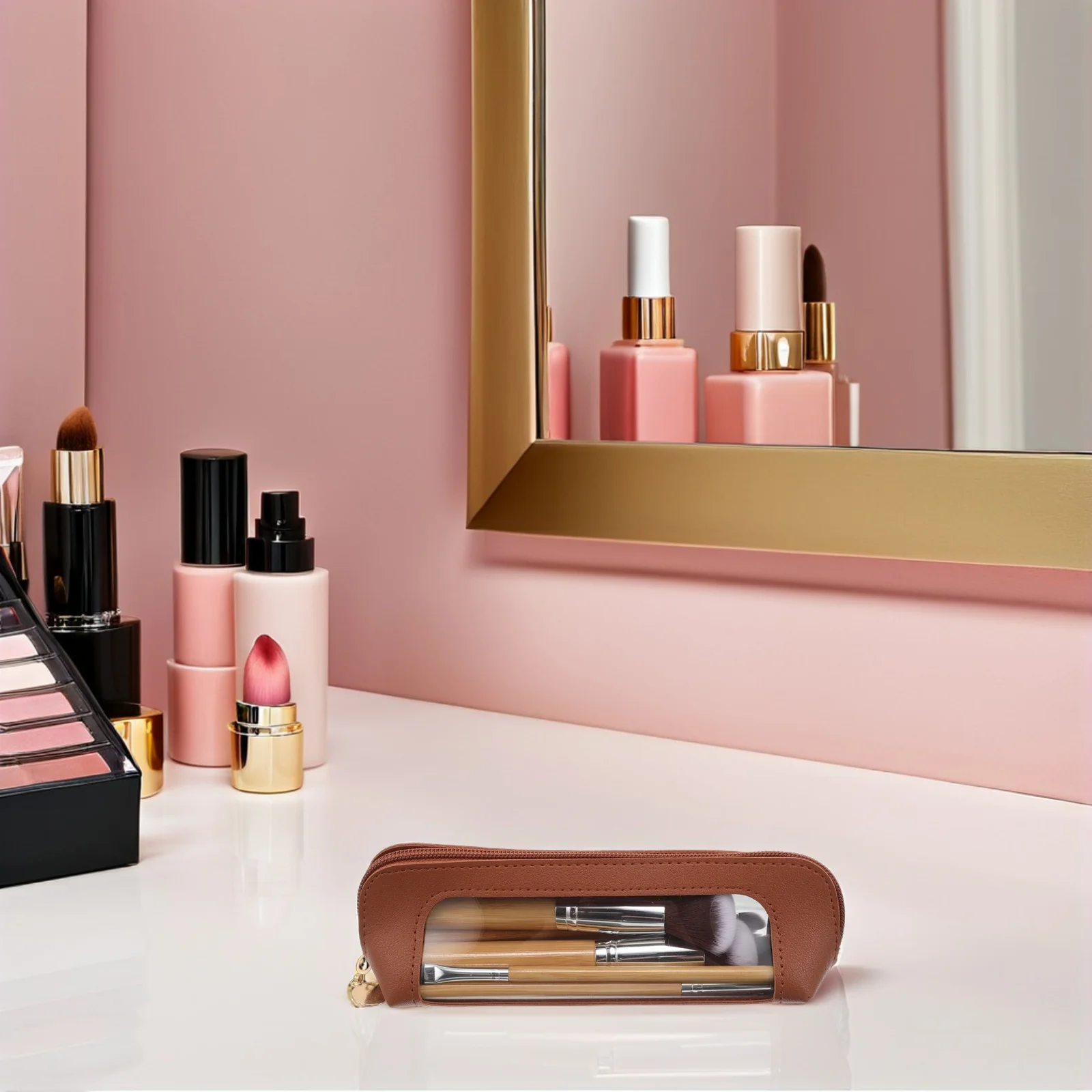 

Travel Makeup Brush Bag Compact Lightweight Organizer with Clear Panel Smooth Zipper for Tools on The Go Storage Pouch