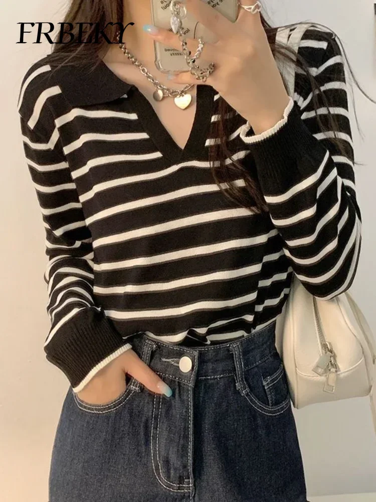 Autumn New Korean Fashion Polo Collar Knit Shirt Fashion Striped Bottoming Shirt Long-sleeved Sweater Streetwear Jumper Knitwear