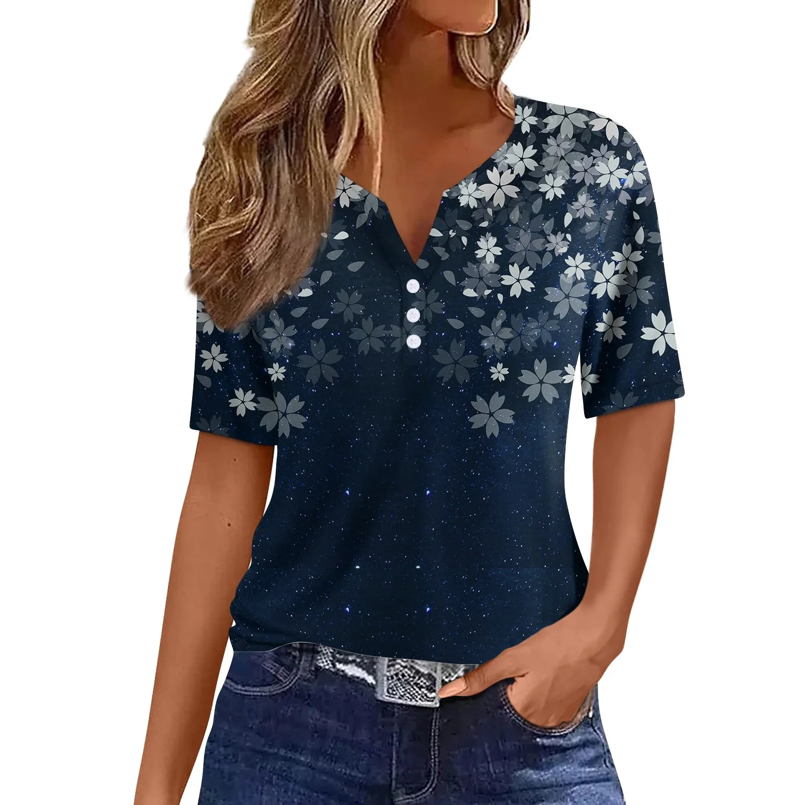Summer Oversized T-Shirt Women‘S Short Sleeve T Shirts Woman Loose Clothing 3d Retro Printing Female Tops V-Neck Tops Pullover