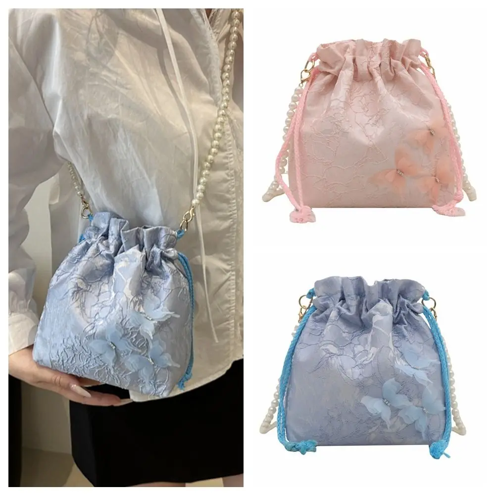

Lace Embroidery Drawstring Bucket Bag Butterfly Flower Chinese Style Handbag Hanfu Accessories Ancient Style