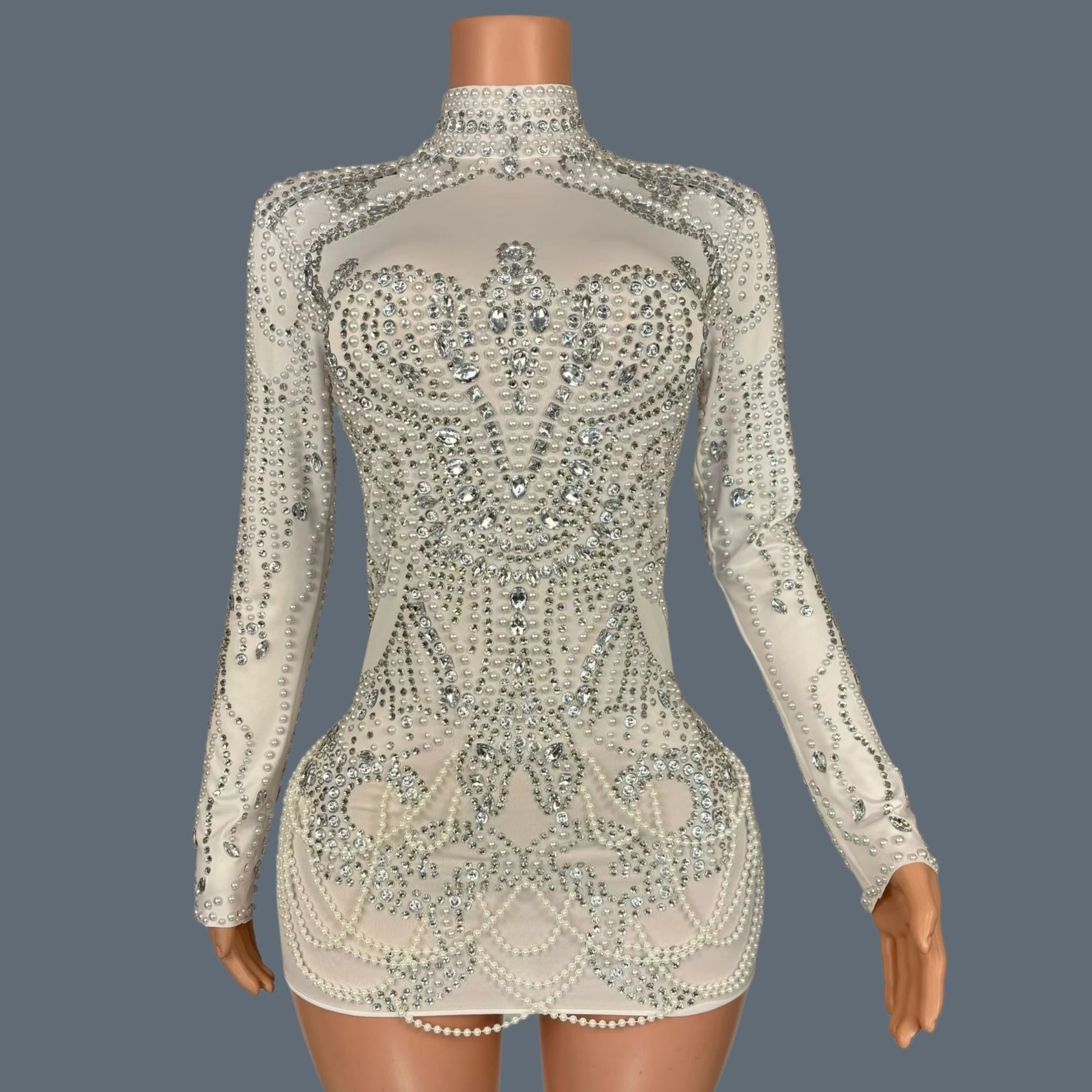 Sparkly Rhinestone Elegant White Mini Dress Women Sexy Party Pearls Crystals Short Dress Luxury Prom Sexy Evening Dress Pansi