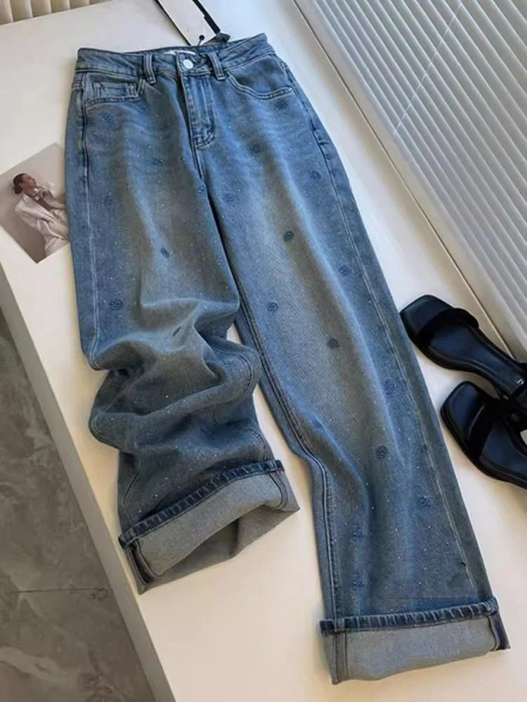 

Женские уличные винтажные джинсы с синей розой и вышивкой со стразами, летние модные утягивающие прямые джинсовые брюки с высокой талией