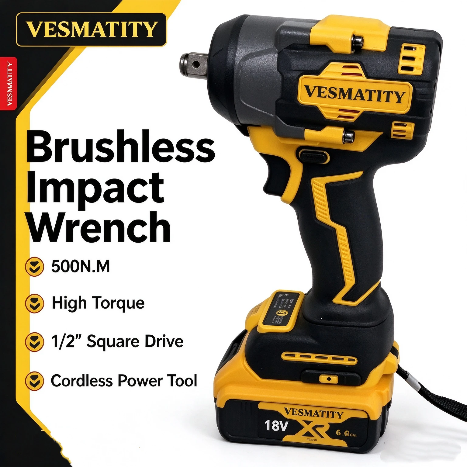 500N.M Brushless Electric Impact Drill Screwdriver1/2 Inch Drive High Torque Cordless Power Tool Compatible For Maintenance Work