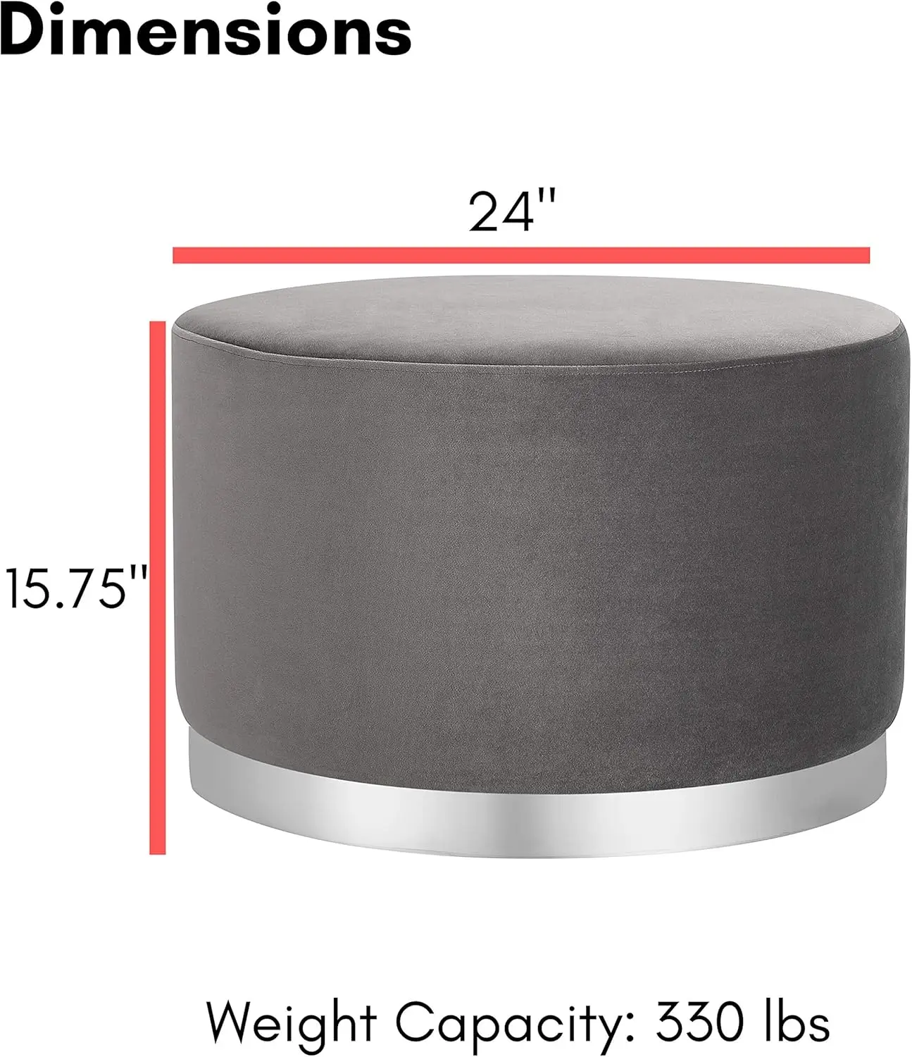 대형 원형 벨벳 오토만 푸프 - 실버 트림 - 거실, 침실, 사무실용 그레이 발받침