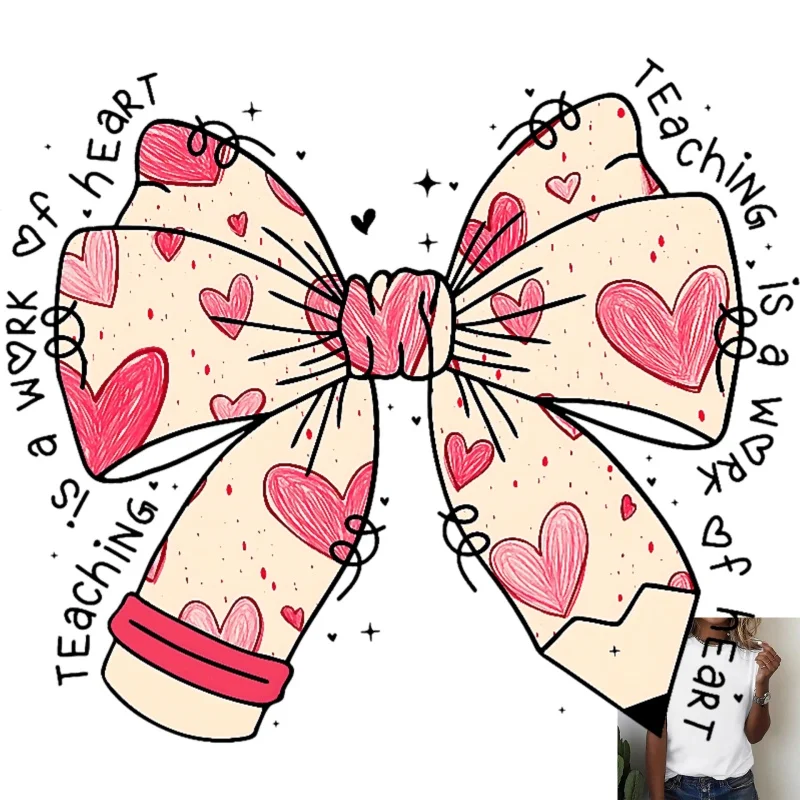 Valentine's Day Heart Bow Pencil Pattern Heat Transfer White Ink Iron - on, for T - shirts, Canvas Bags, Casual & Lovely Style,