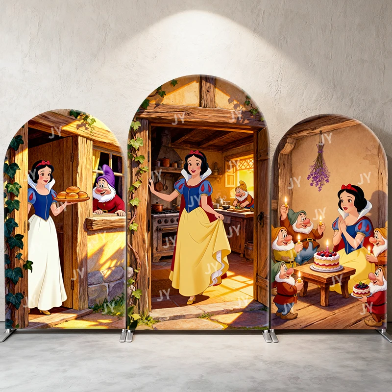 

Snow White And Dwarfs Cottage Arch Backdrop Cover Kitchen Party Scene Princess Theme Kids Birthday Photo Booth Decor Background