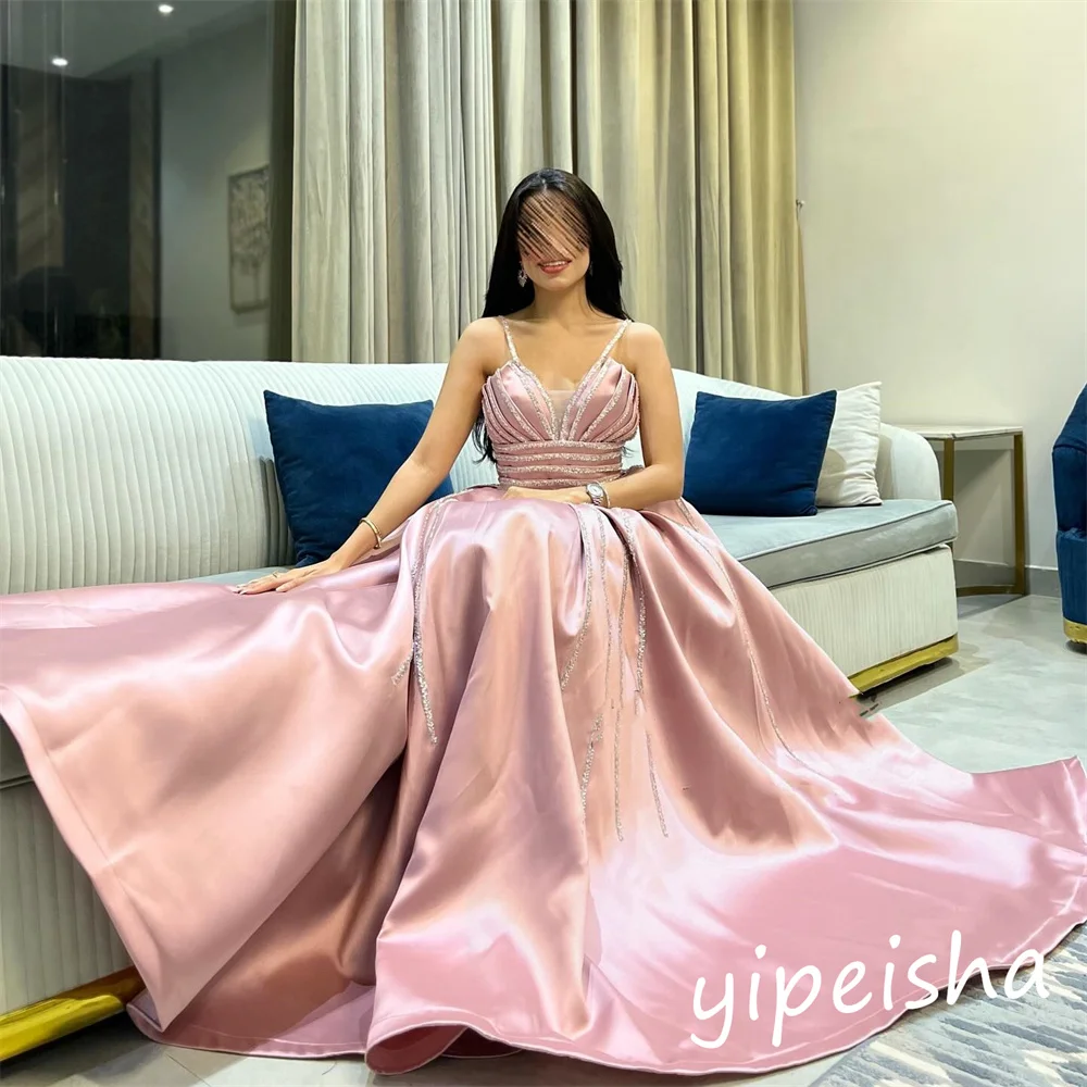 Jiayigong Sparkle Prom Satin Drapiertes Valentinstagskleid Spaghettiträger Maßgeschneiderte lange Kleider für besondere Anlässe