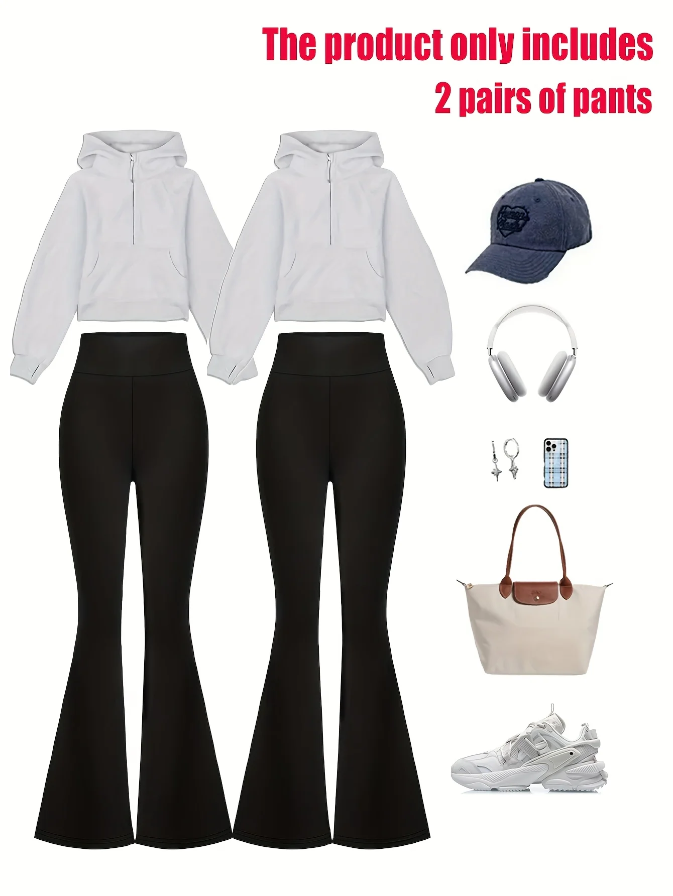 

2 pieces of women's high waisted hip lifting flared pants - slim fit tapered leg wide leg pants, casual loose sports pants