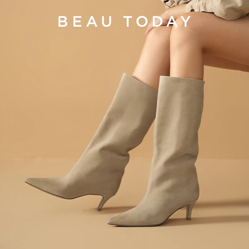 

BEAUTODAY Mid-Calf Boots Women Genuine Cow Suede Leather Sewing Pointed Toe Solid Color Slip-on Ladies Shoes Handmade 01350