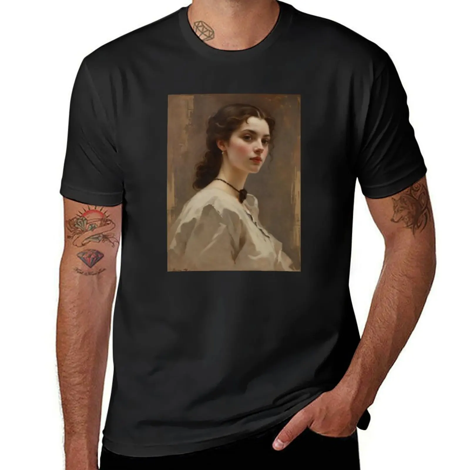 French Allure No. 85. Enigmatic Parisian Muse- Oil Painting…Art By Carraann T-Shirt summer tops heavyweights mens clothes