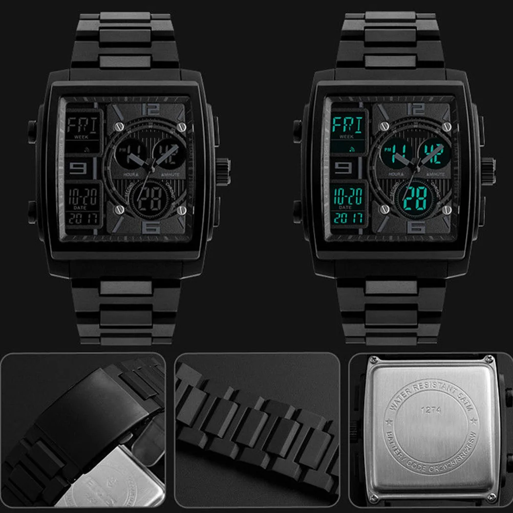 

Men'S Sports Watch Black Large Square Military Style Analog Digital Display Waterproof 50M El Backlight Multi Function