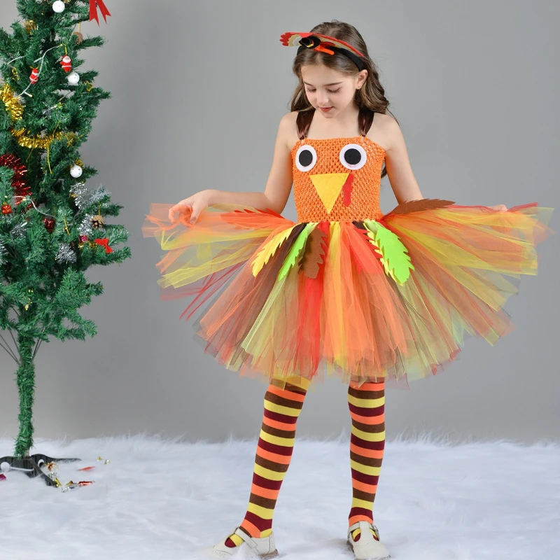 Cute Autumn Turkey Graphic Flowy Tulle Costume Breathable Girls Princess Outfit for Thanksgiving Dinner Christmas Carnival