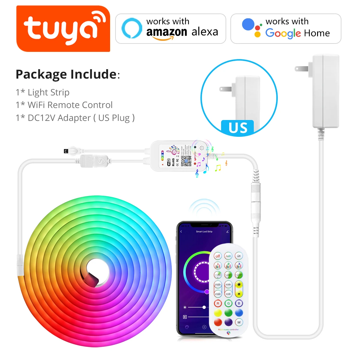 Tuya – bande lumineuse LED avec interrupteur Wifi, panneau néon RGB pour maison intelligente, ruban lumineux avec télécommande sans fil pour Alexa et Google Home