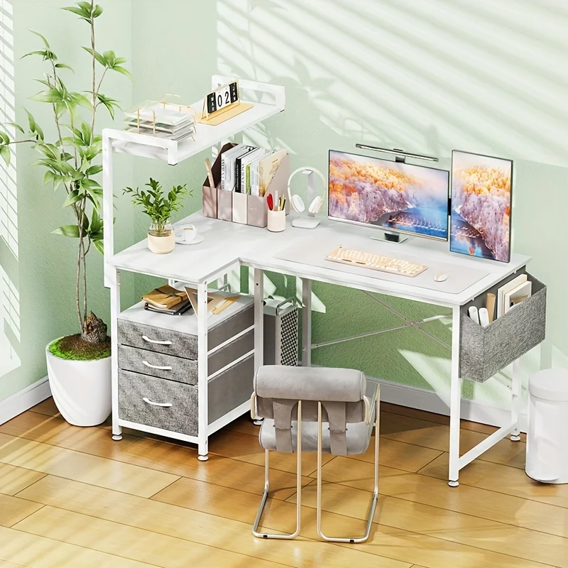 1set L-Shaped Computer Desk, Modern Simple Style, Reversible With Storage Shelves, 3 Fabric Drawers, Side Pouch