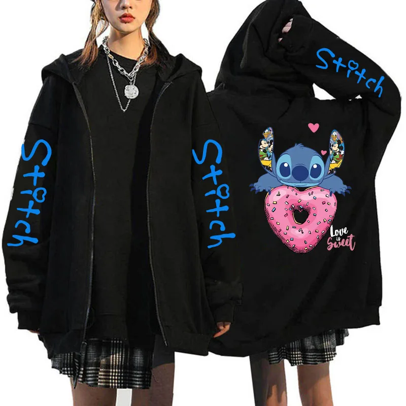 Sudadera con capucha Y2k de los años 90 con cremallera de Disney Stitch, sudaderas con cremallera para mujer, sudadera bonita de Anime Harajuku,