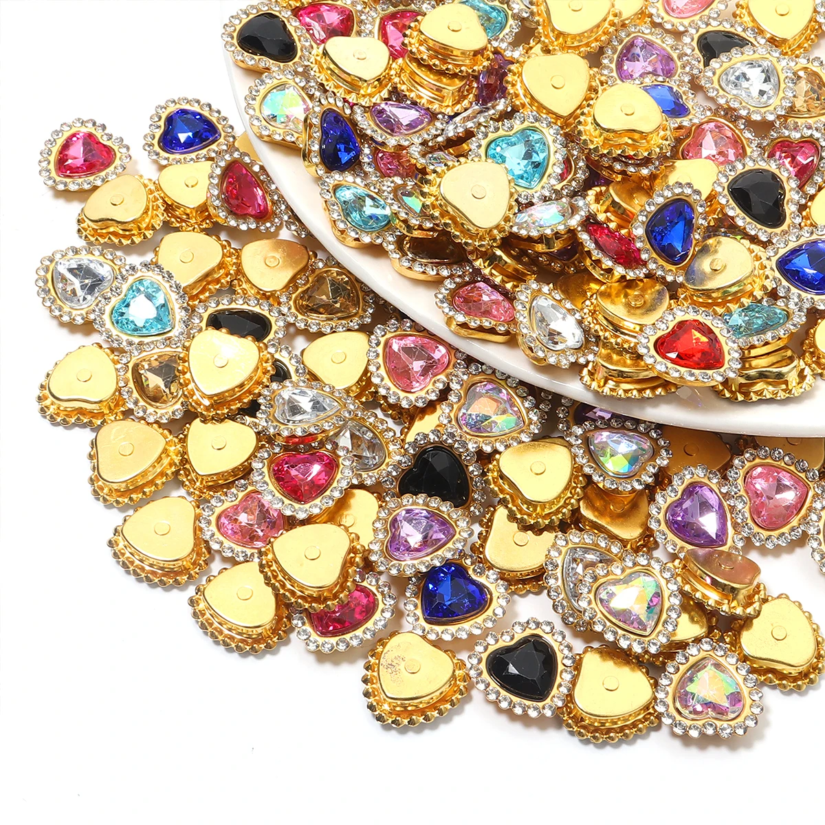 20Pcs Love Heart Acrylic Rhinestones With Gold Claw Sew On Beads Metal Base Buckle For DIY Clothing Hair Accessories Decorative