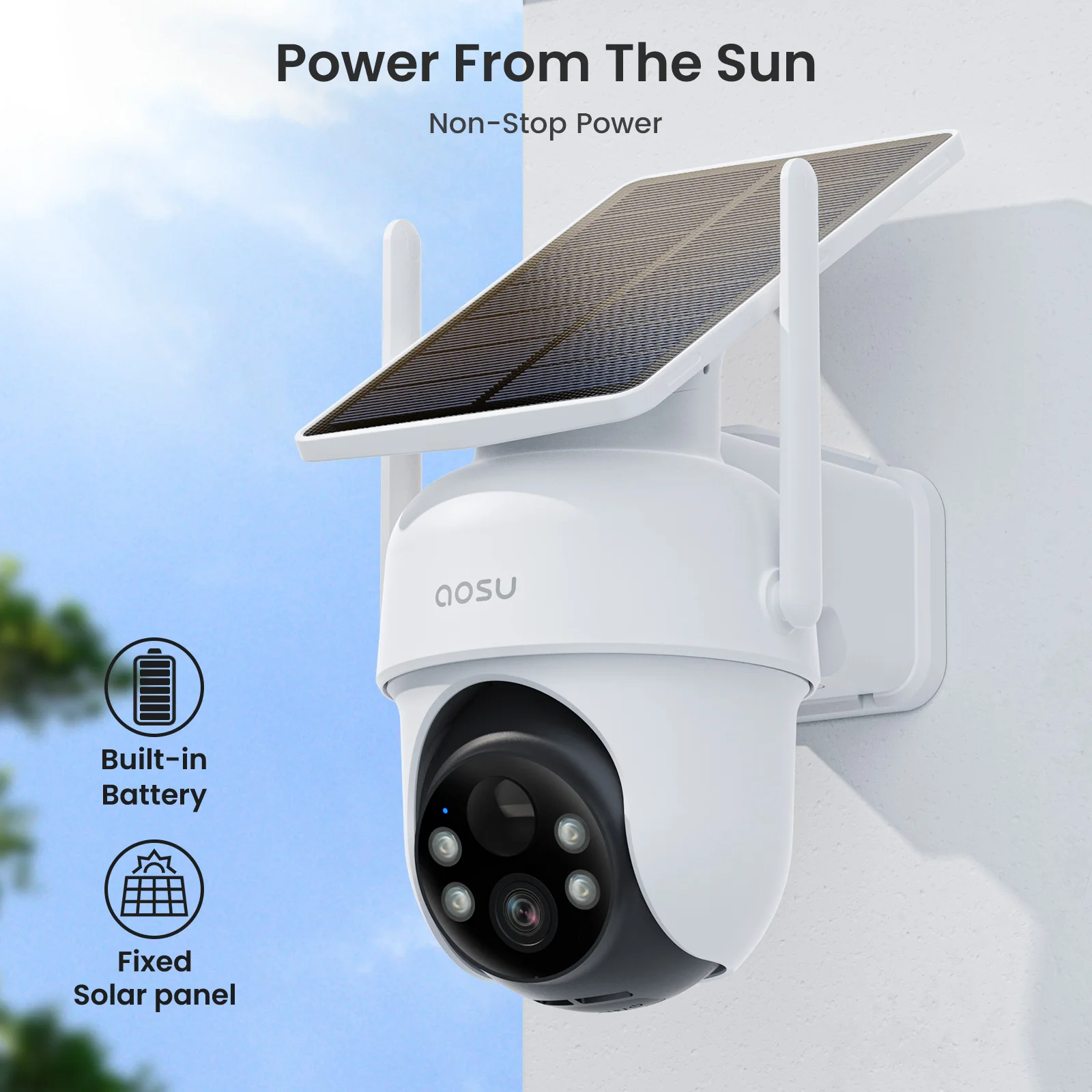 AOSU 3MP 100% Wire-Free Solar WiFi Camera Built-in Battery Two-way Audio Security Camera Wireless Solar Panel PTZ CCTV Camera