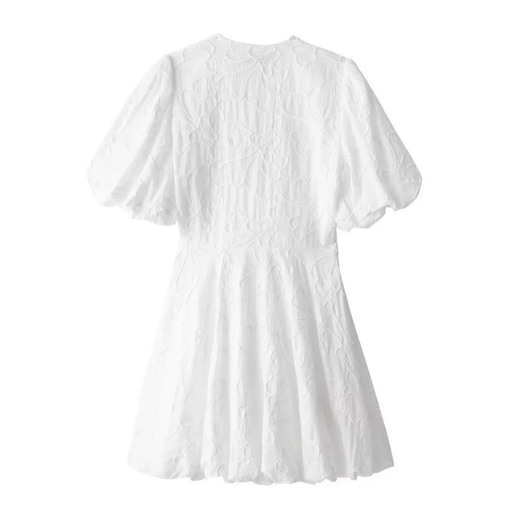 

High Waist Short Skirt Temperament Puff Sleeve Embroidered Ladies Dresses V-neck A-line Women Dresses 2024 Summer