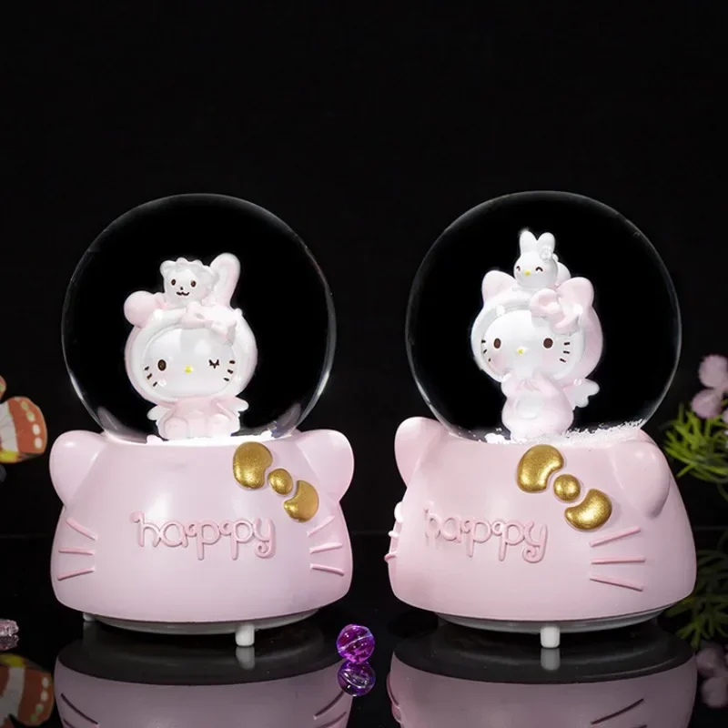 Sanrio Hello Kitty Animation Peripherals Snow Music Box Crystal Ball Desktop Model Ornaments Children Birthday Gifts
