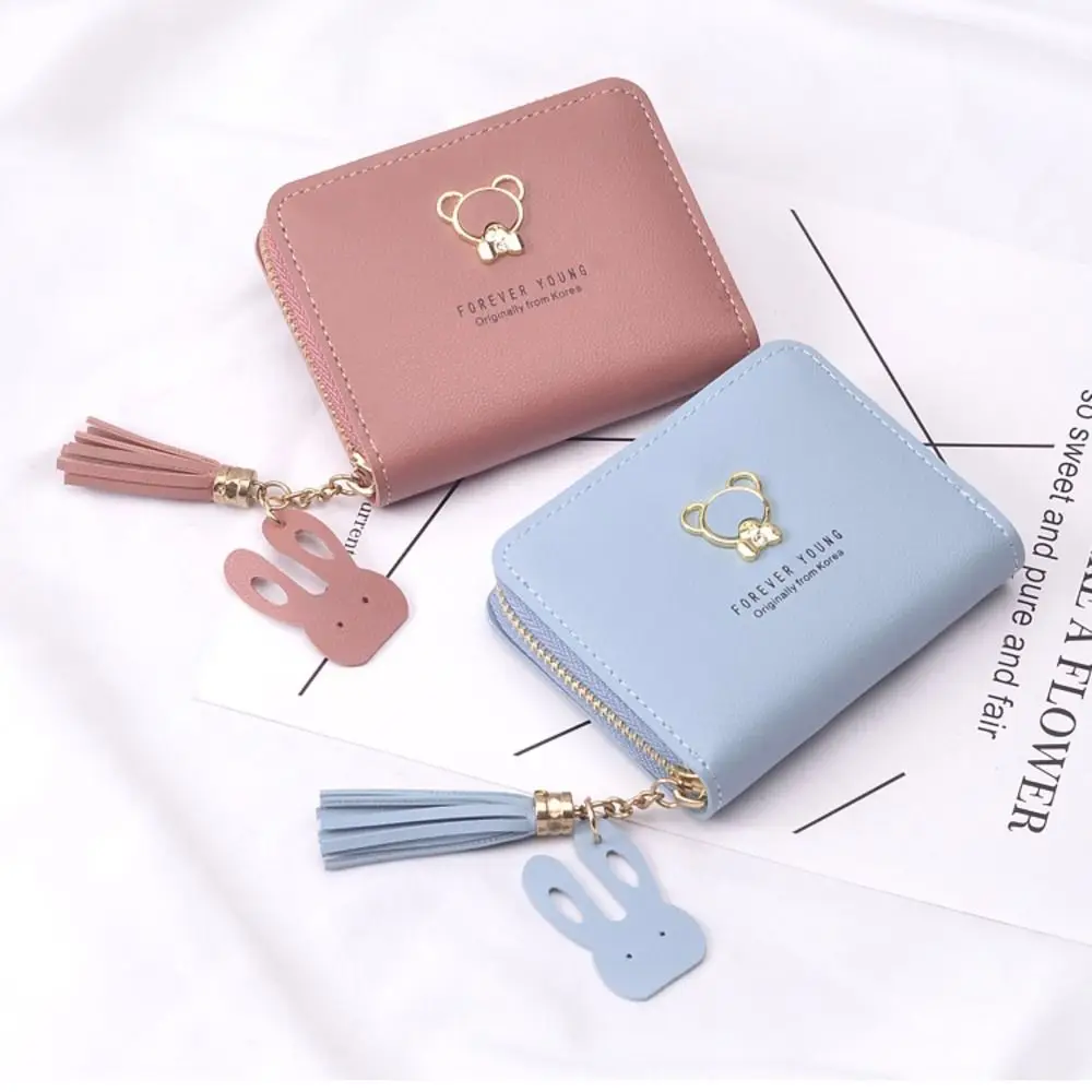 Short PU Leather Money Coin Purse with Tassel Pendant Zipper Credit Card Holoder Cute Panda Wallet Money Bag Women Girls