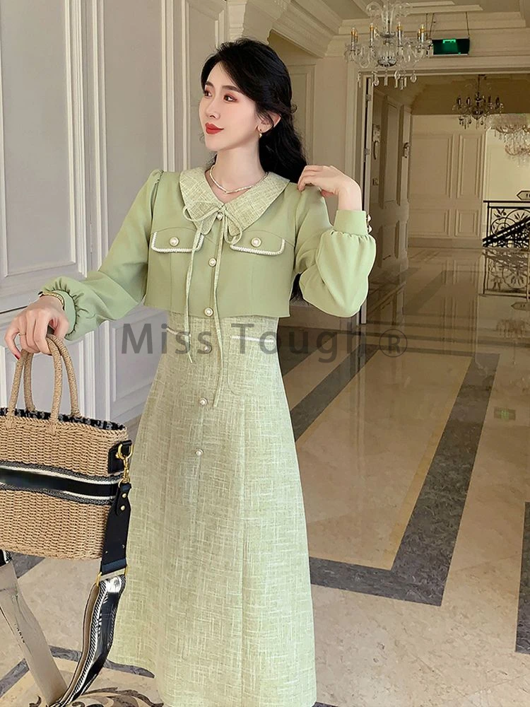 Green Patchwork French Vintage Dress Women Lace-up Elegant Sweet Midi Dress Female Princess Fashion Fake Two Piece Dress 2023