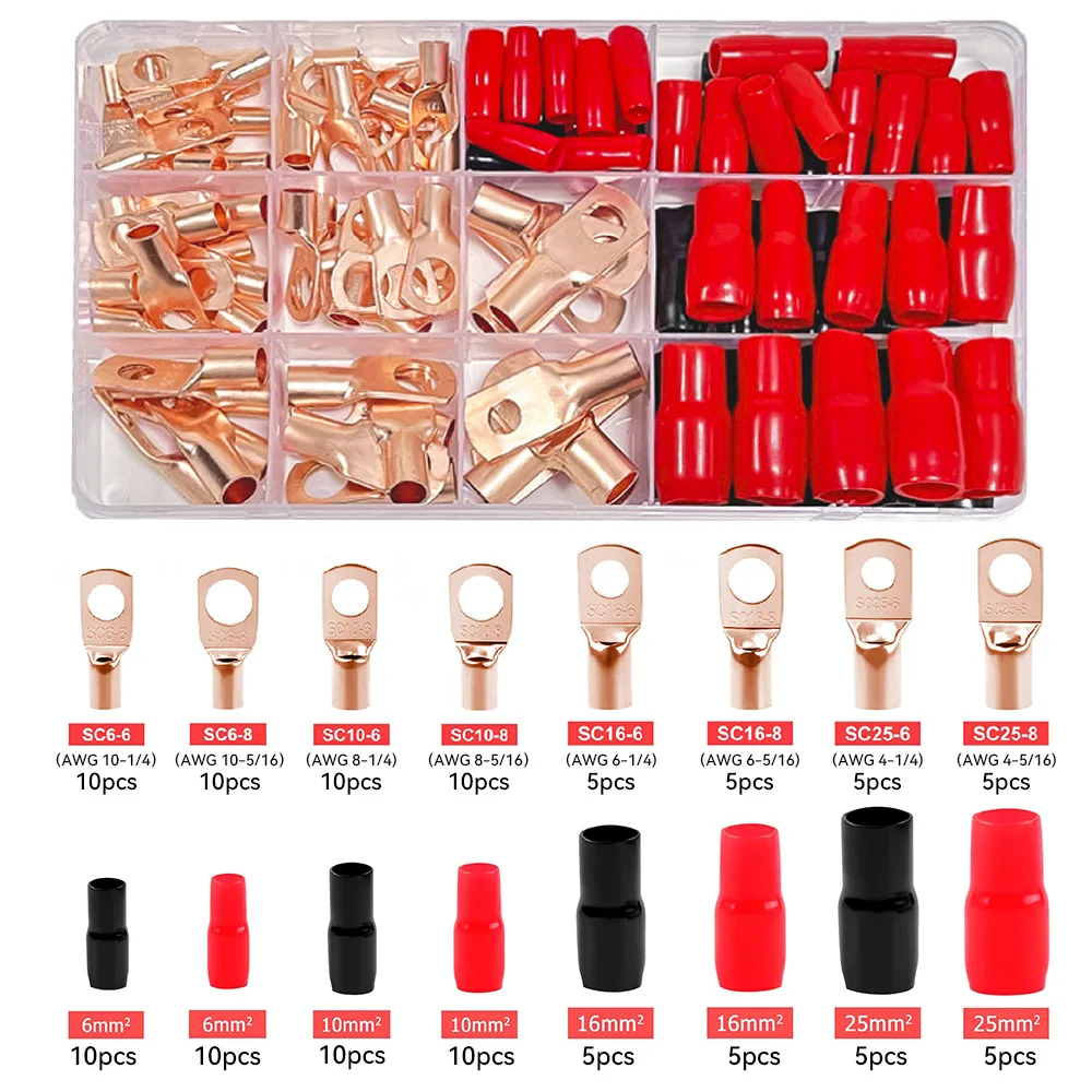 

120pcs SC Bare Terminals lug Tinned Copper Tube Lug Ring Seal Battery Wire Connectors Bare Cable Crimped Soldered Terminal Kit