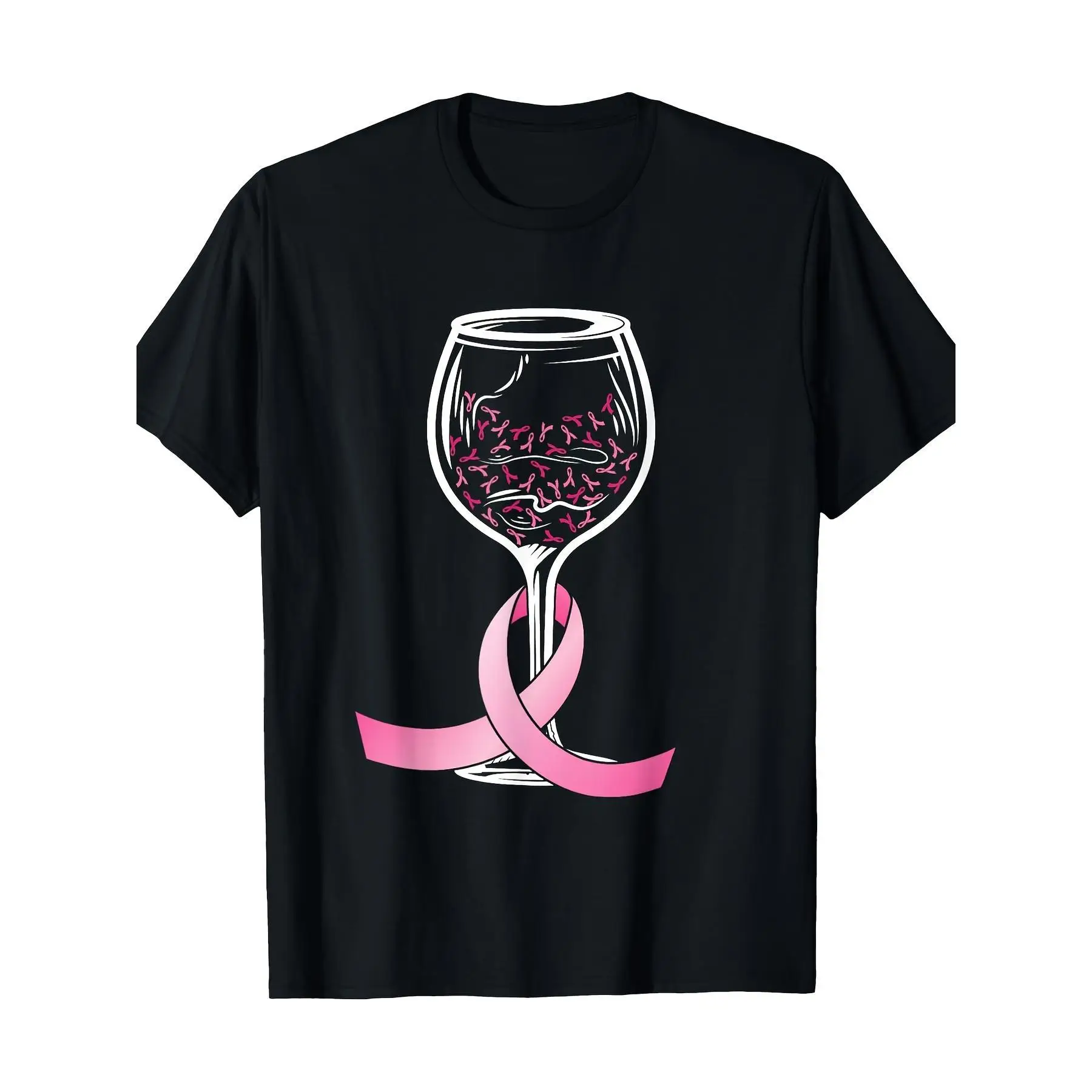 

Women's Breast Cancer Awareness Month T-Shirt - Black 100% Cotton Casual Short Sleeve Round Neck Top With Pink Ribbon & Wine