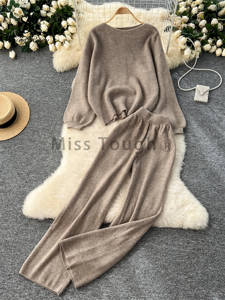 Autumn Korean Chic Warm Knitted 2 Piece Sets Casual Tops + High Waist Wide Legs Long Pants New Retro Solid Street Fashion Suit