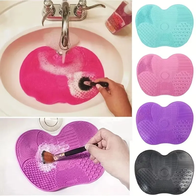 1/2/3/4pcs Reusable Apple-Shaped Brush SiliconeScrubbing Pad With Suction Cup Secure Hold Beauty Tool For Makeup Brush Cleaning