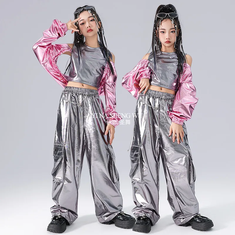 

Детский костюм для джазовых танцев Kpop в стиле хип-хоп, укороченный топ для девочек, серебряные брюки-карго, детская одежда для джазовых уличных танцев