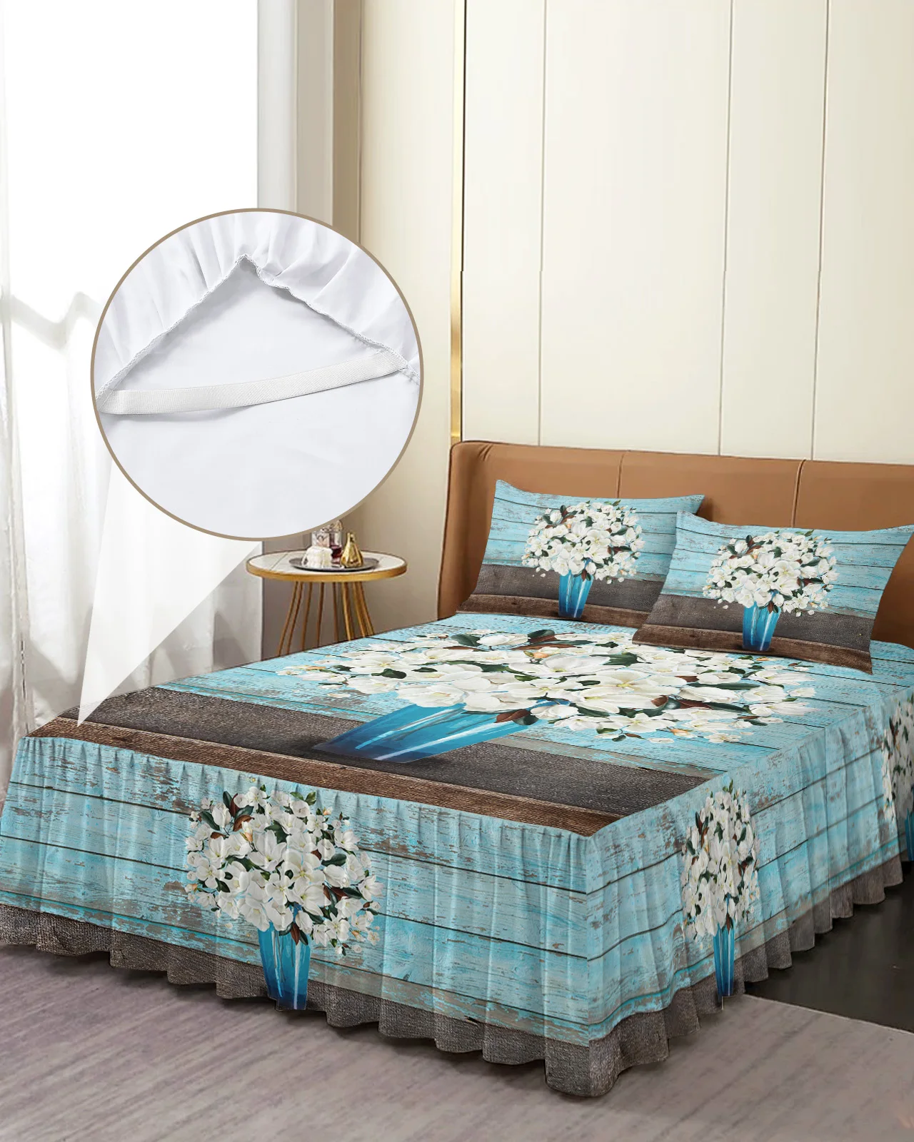 White Magnolia Flower Vintage Wood Grain Bed Skirt Fitted Bedspread With Pillowcases Mattress Cover Bedding Set Bed Sheet