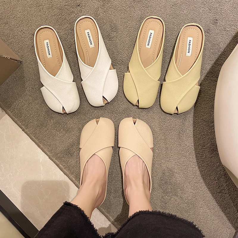 2024 Women Sexy Women Flat Slippers Shoes Summer Peep Toe Leather Flat Sandals Mules Casual Shoes Designer Sandals