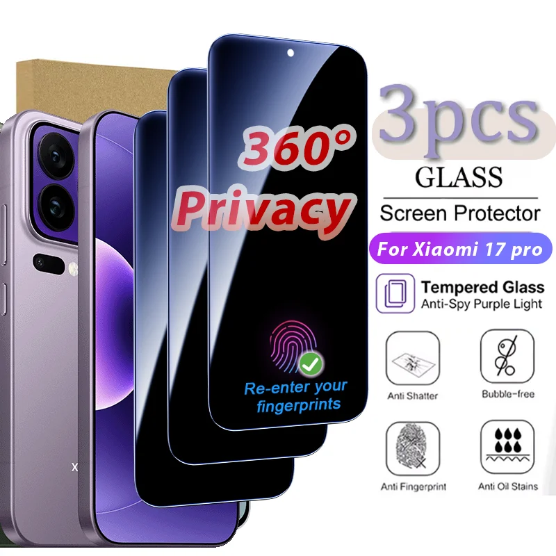 

3 Pack for Xiaomi 17Ultra/ 17ProMax/ 17Pro/ 17 4 Side 360° Privacy Screen Protector with Purple Light Filter - Anti Fingerprint
