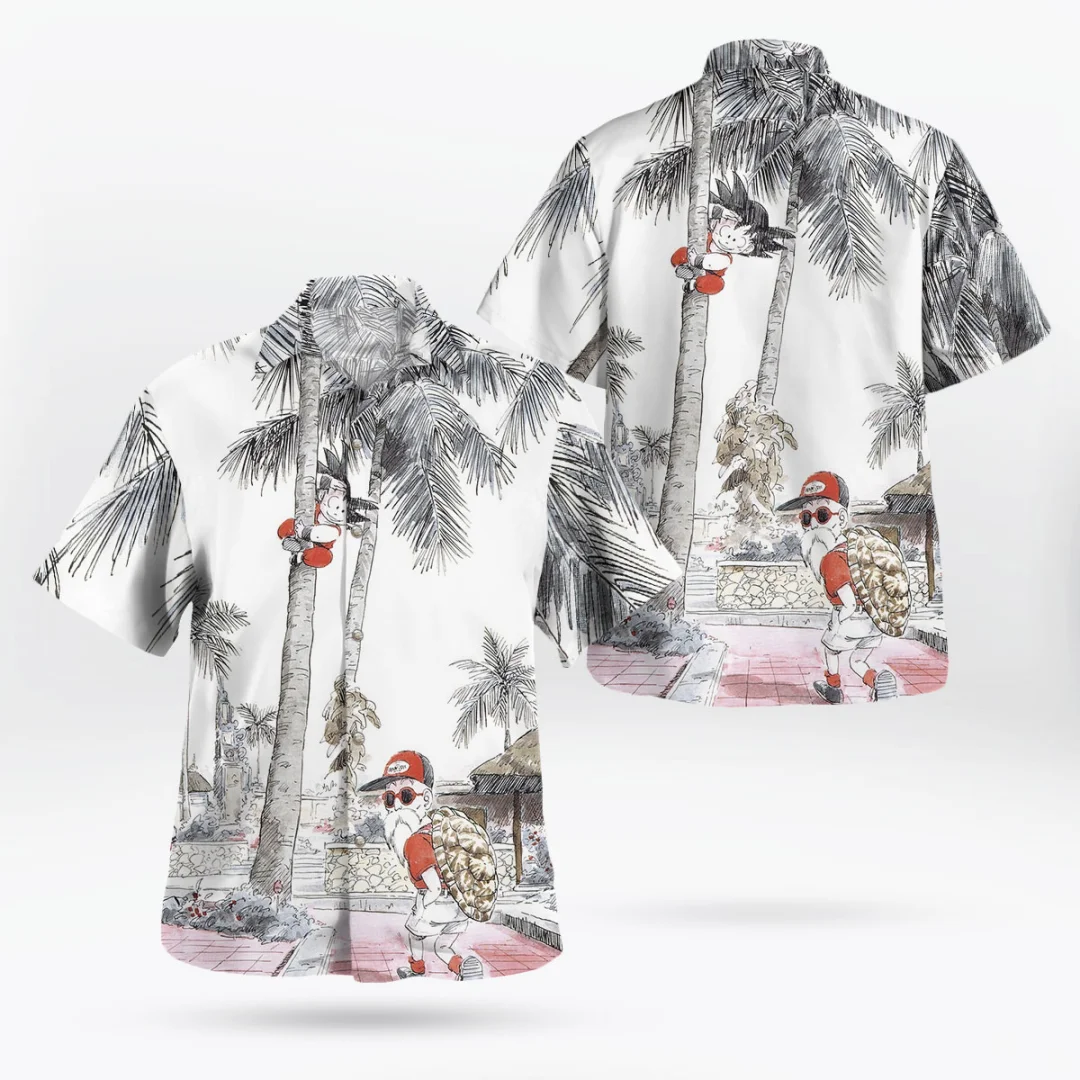 2026 Goku and Master Roshi Button Up Hawaiian Shirt Summer Sports Leisure Men's T-Shirt Children's Clothing Tee Y2k Woman