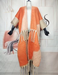 Manteau plumeau à pampilles pour femmes africaines, cardigans longs flous chauds, blogueur américain, doux, ouvert devant, orange, populaire, hiver, 2023