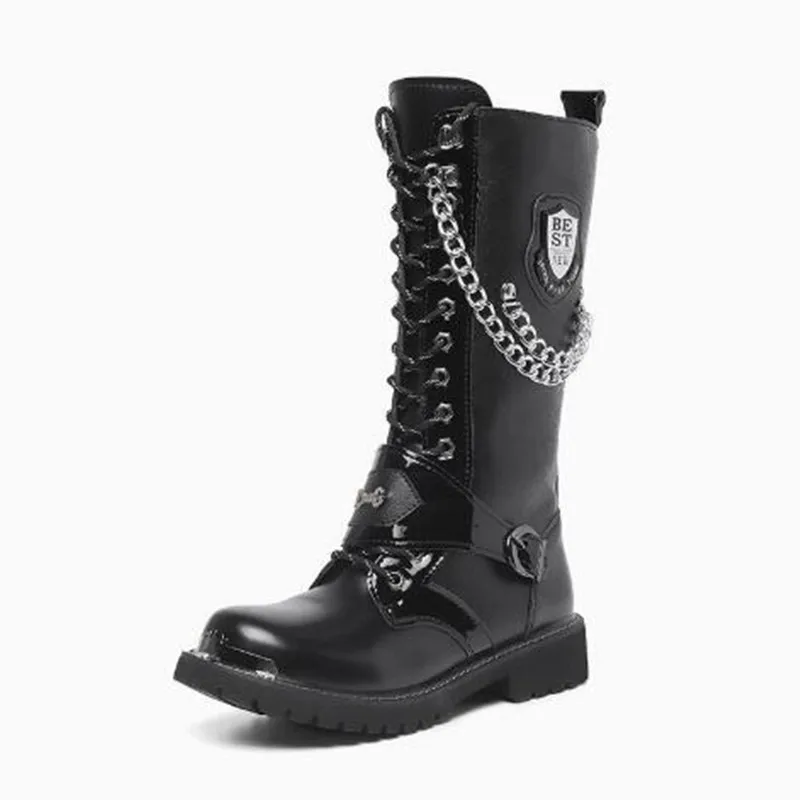 

Men Fashion Motorcycle Boots Mid-calf Breathable Combat Boots Gothic Belt Punk Botas Hombre Shoes Hightop Casual Steel Toe Shoes